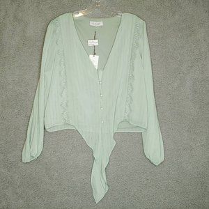 Where‎ Are You From Womens Blouse Green Striped Lace Long Sleeve V Neck Lined L